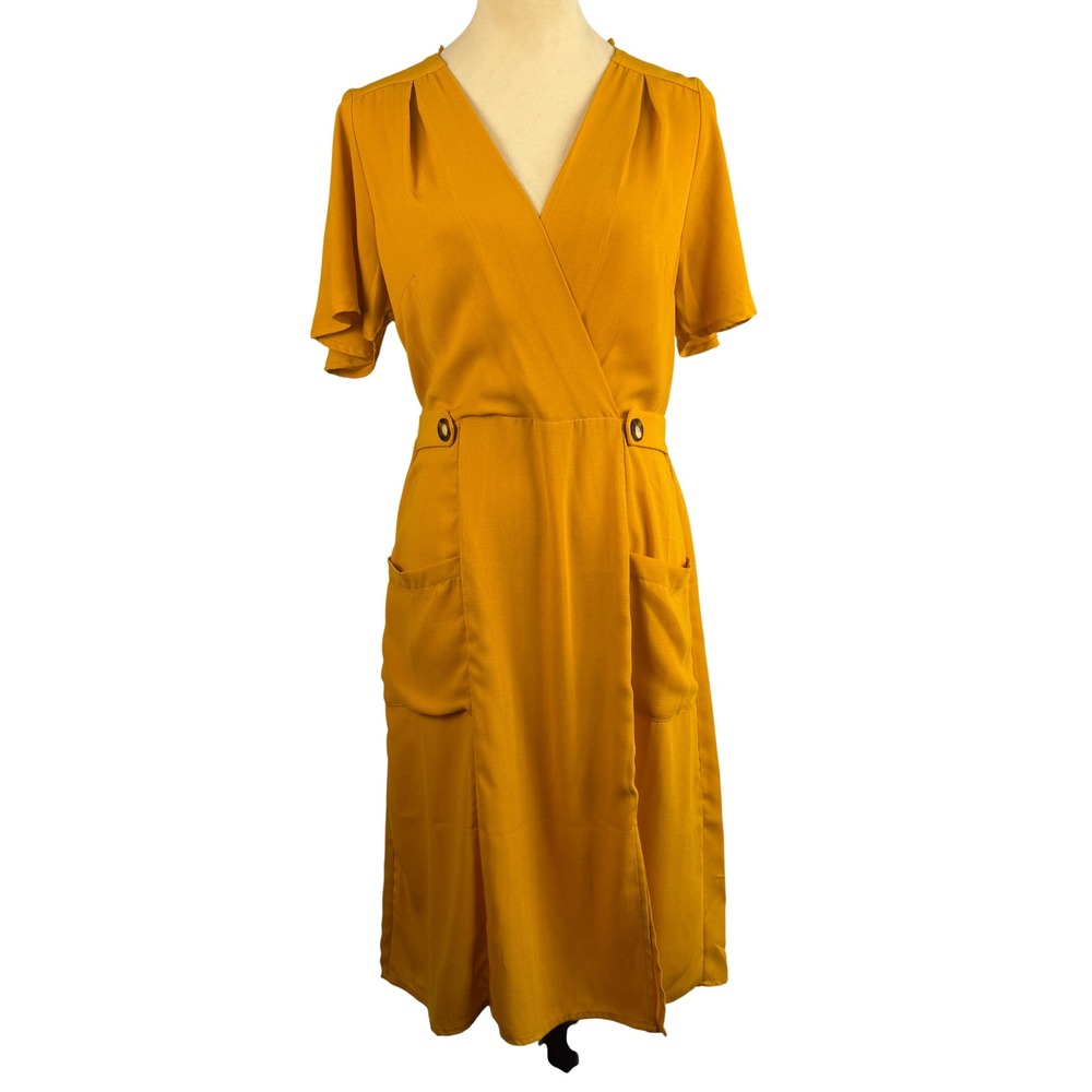 Monteau‎ Los Angeles Mustard Yellow Wrap Front Midi Dress Pockets Large Chic